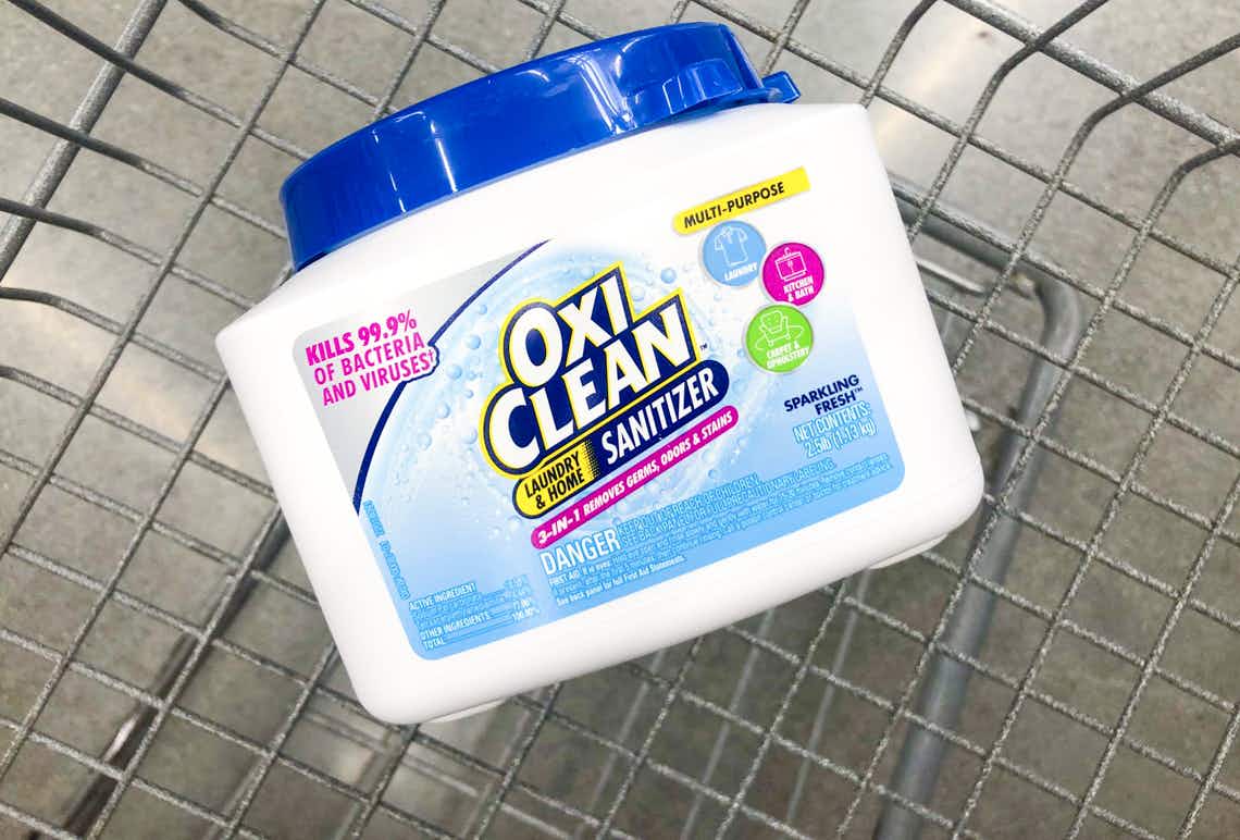 tub of oxiclean laundry & home sanitizer in walmart cart