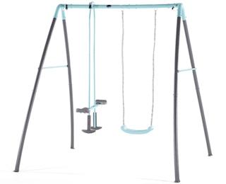 stock photo of plum play metal swing set