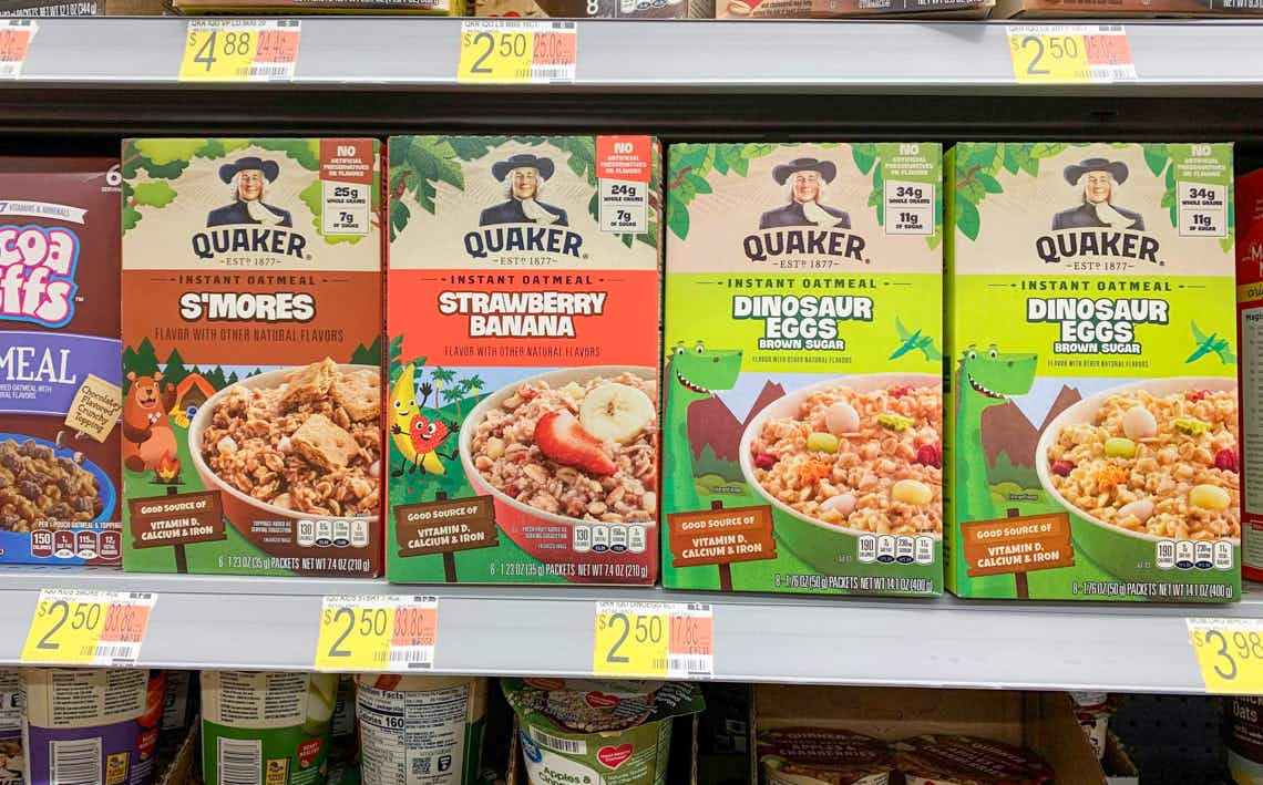 quaker instant oatmeal dinosaur eggs and brown sugar flavor on walmart shelf