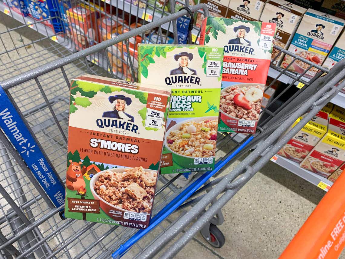 quaker instant oatmeal dinosaur eggs and brown sugar flavors in walmart cart