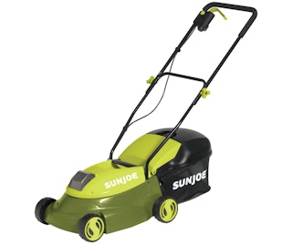 stock photo of sun joe lawn mower on white background
