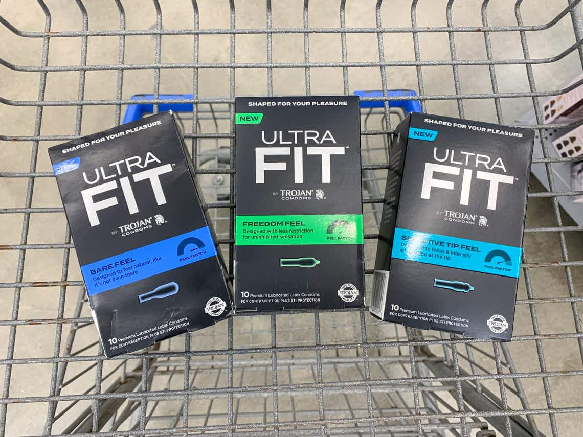 three boxes of trojan ultra fit condoms in walmart cart