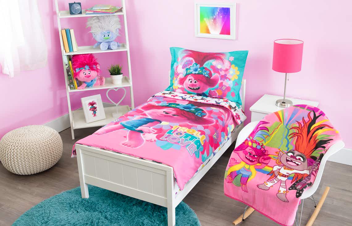 stock photo of trolls bedding staged in bedroom