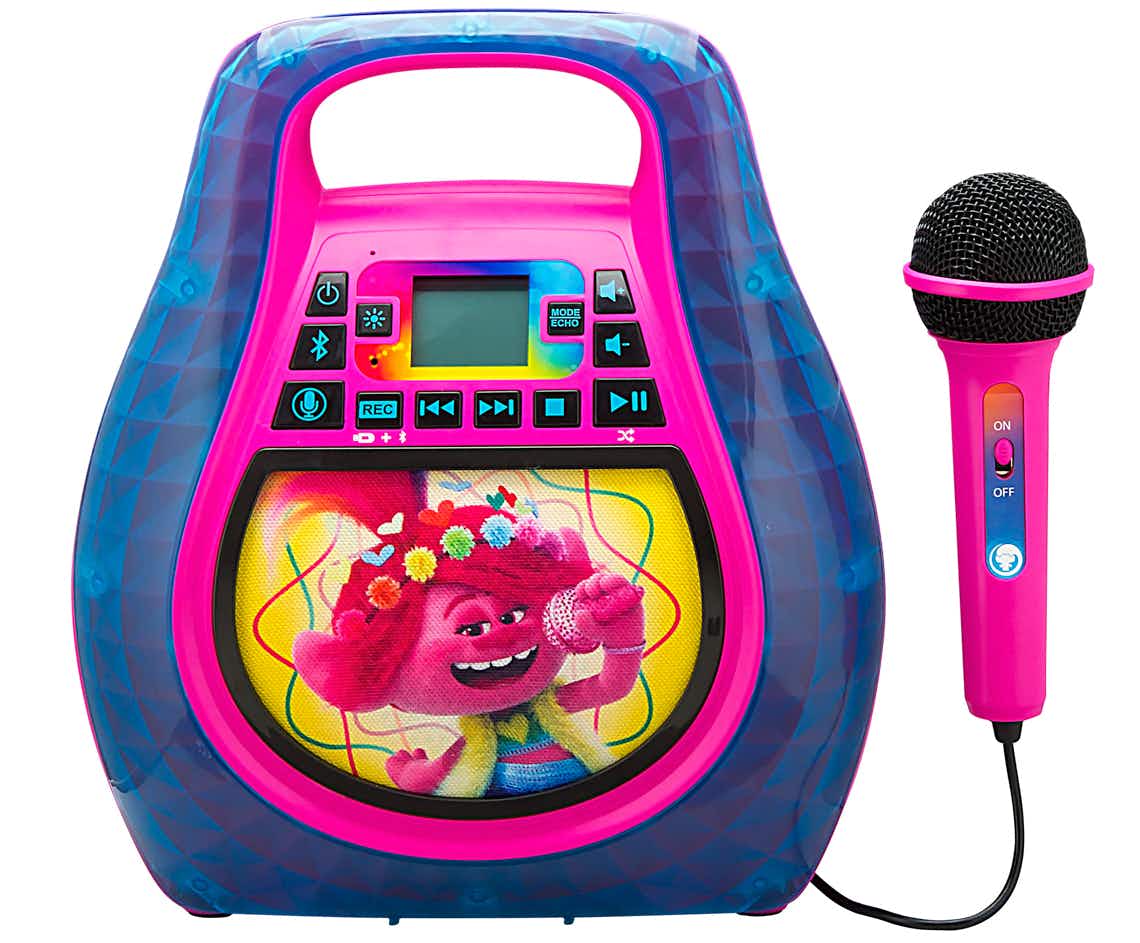 stock photo of trolls bluetooth karaoke machine on white background