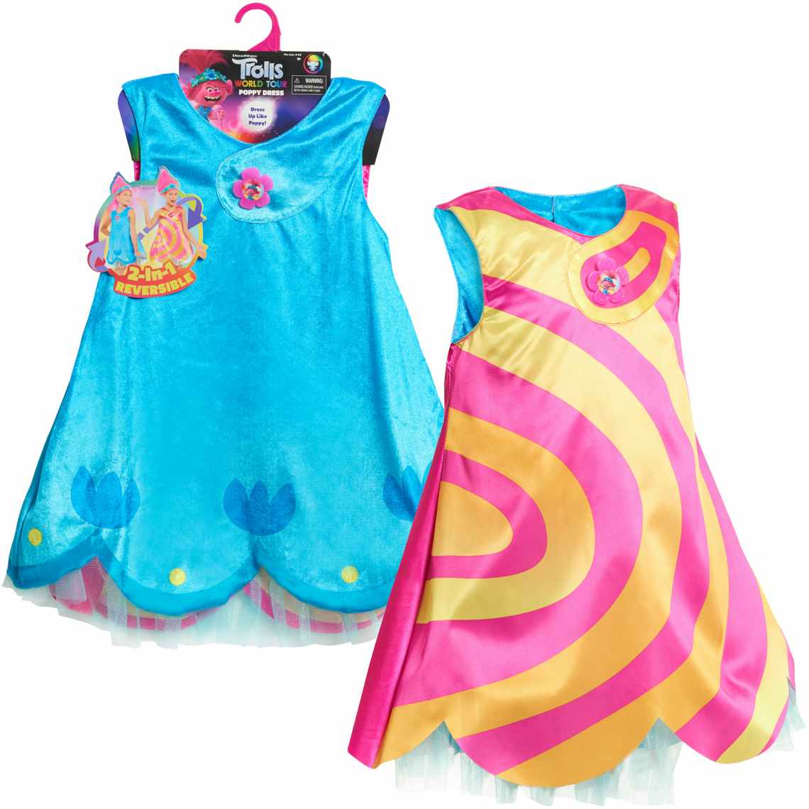 stock photo of both sides of trolls reversible dress for kids on white background