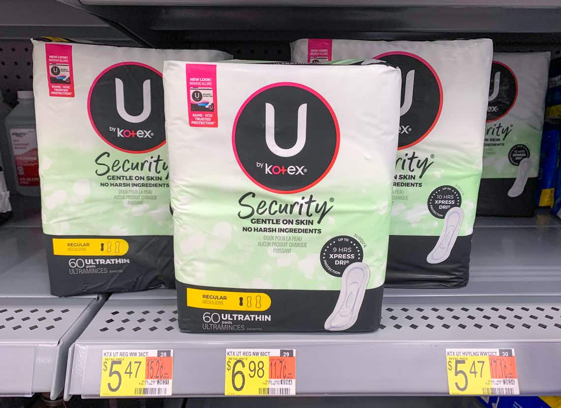 packs of u by kotex security pads on walmart shelf