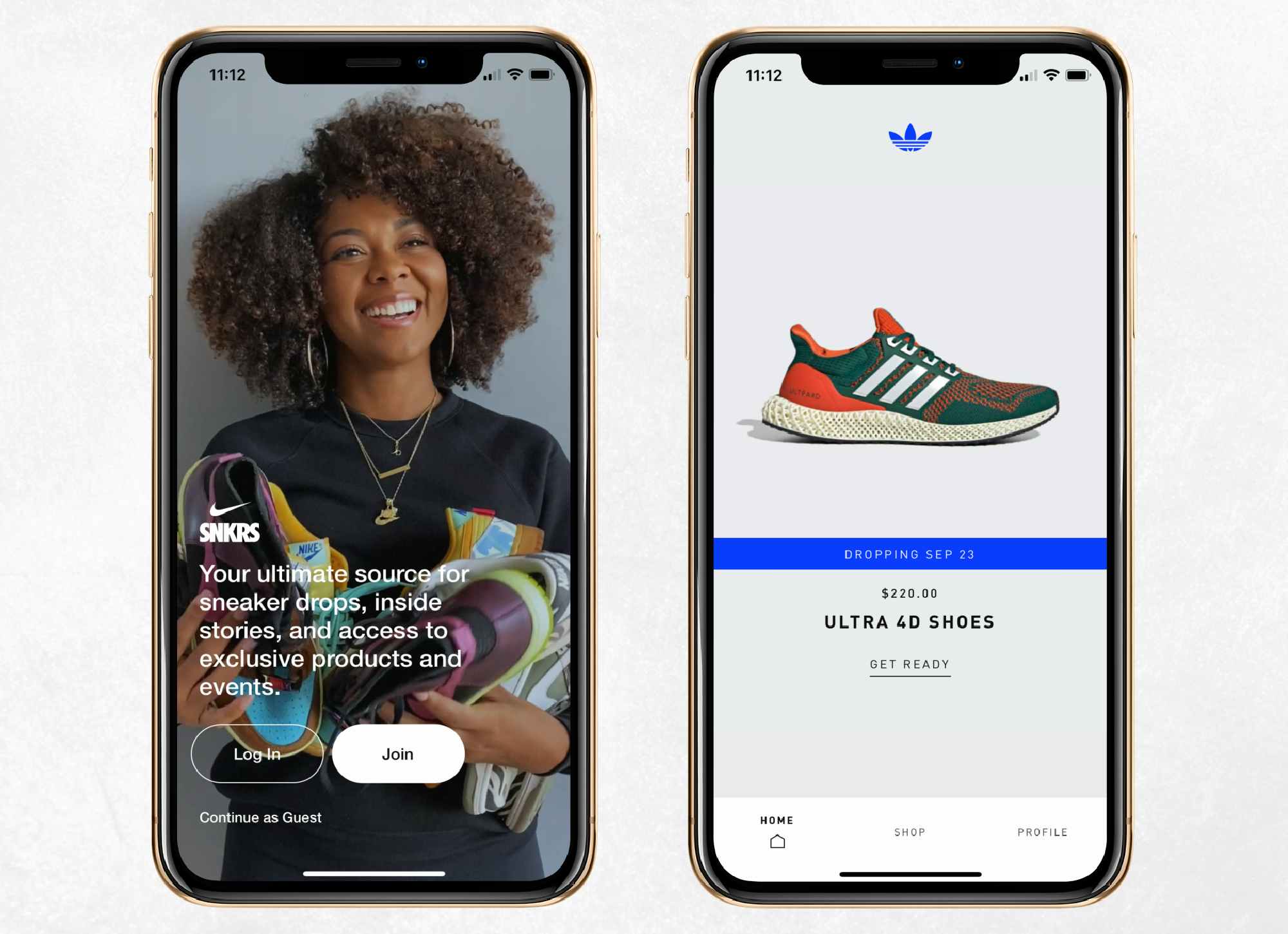 two mobile screenshots one of nike snkrs app welcome page and the other of adidas confirmed welcome page
