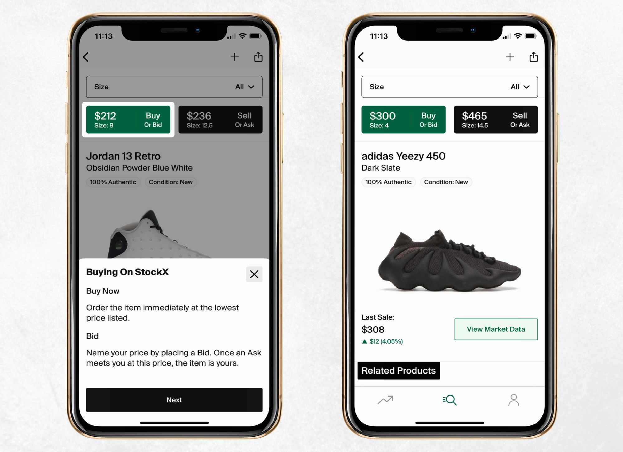 two stockx mobile screenshots showing black yeezy sneakers available for bid