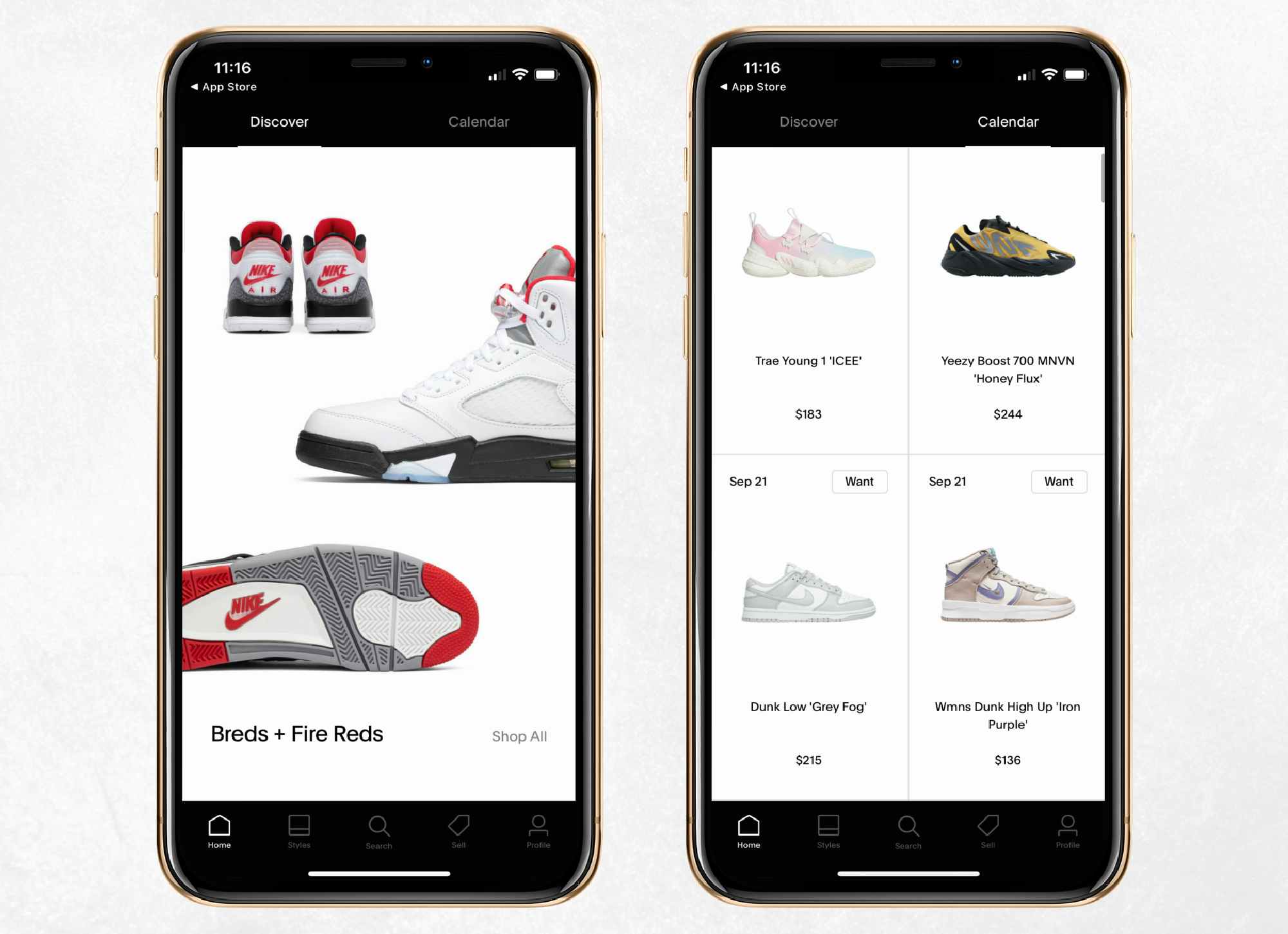 goat mobile app screenshots of discover page and calendar drops for new sneakers