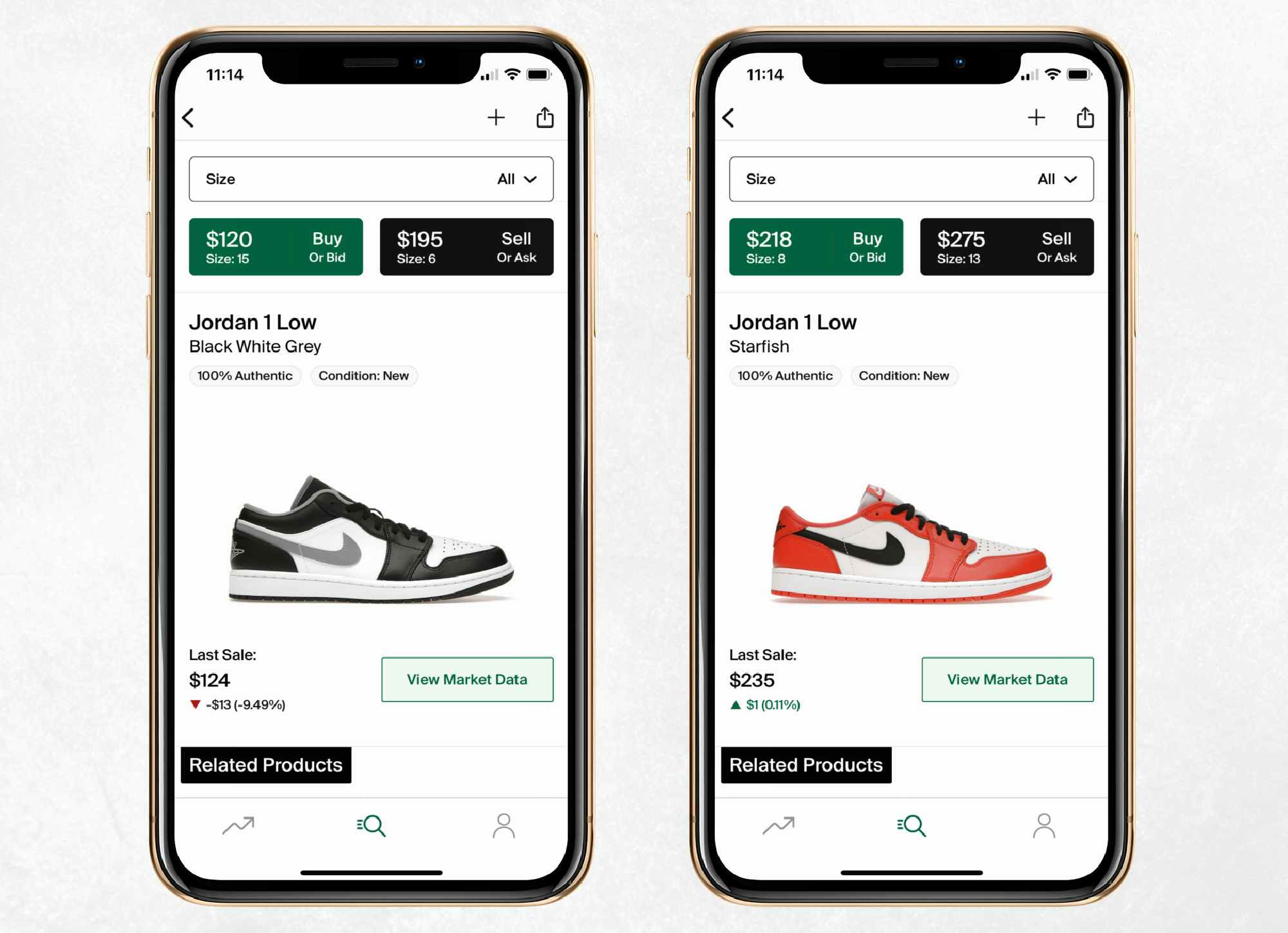 two mobile screenshots of nike air jordan sneakers on stockx mobile app