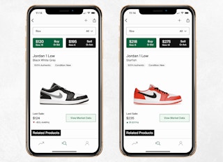 two mobile screenshots of nike air jordan sneakers on stockx mobile app