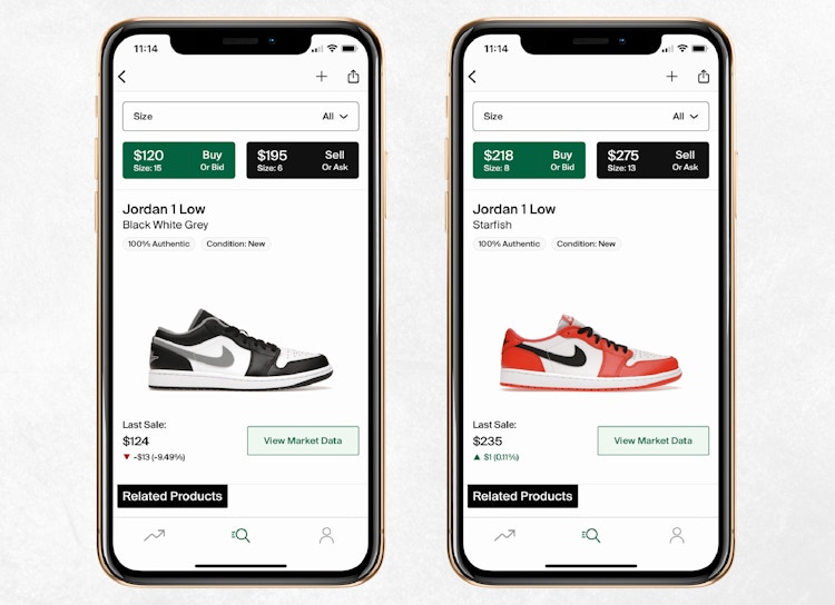 two mobile screenshots of nike air jordan sneakers on stockx mobile app
