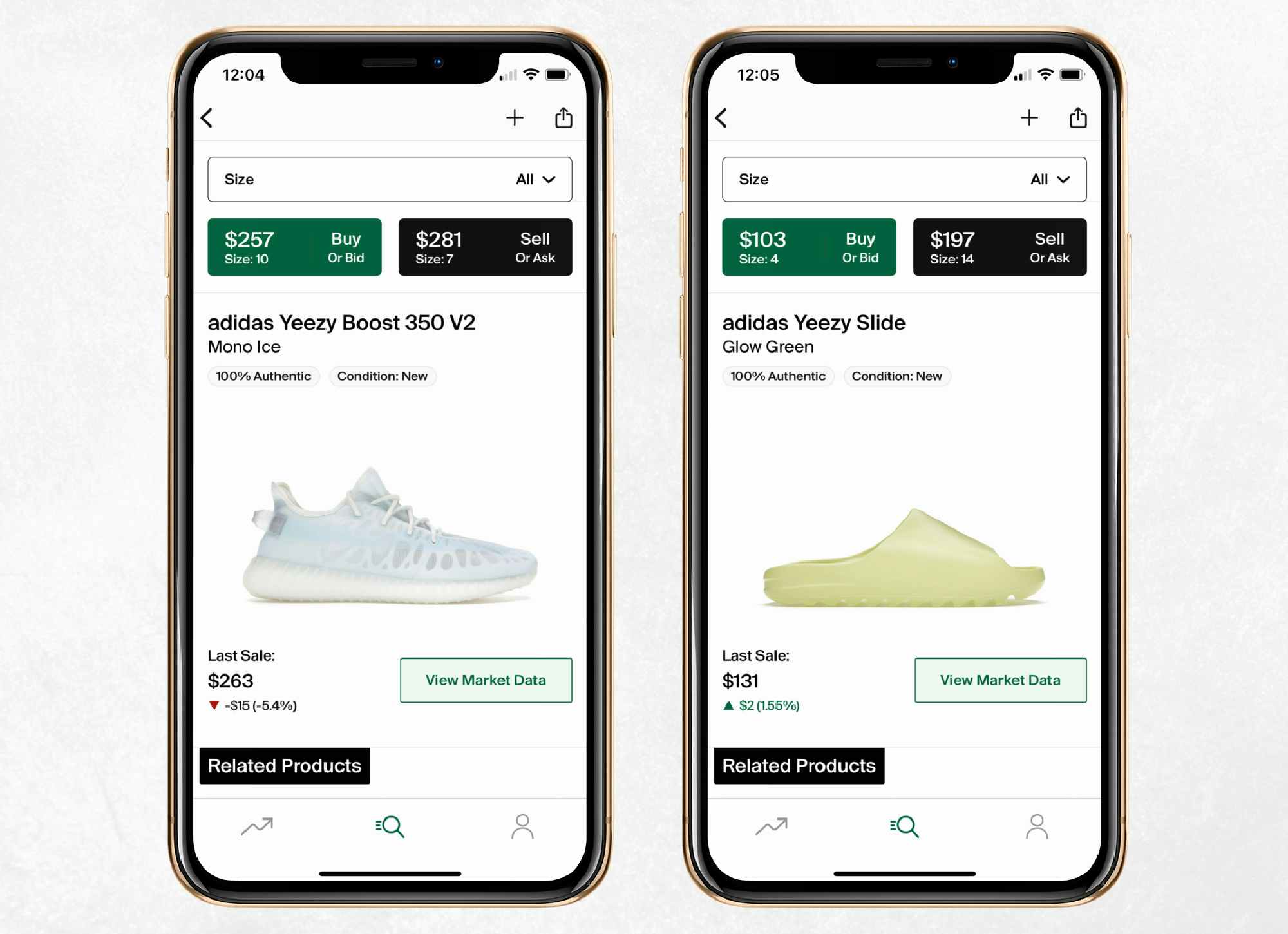 two mobile screenshots one of stockX app one of adidas yeezy boost sneakers in blue and the other of adidas yeezy slides in glow green