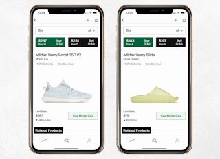 two mobile screenshots one of stockX app one of adidas yeezy boost sneakers in blue and the other of adidas yeezy slides in glow green