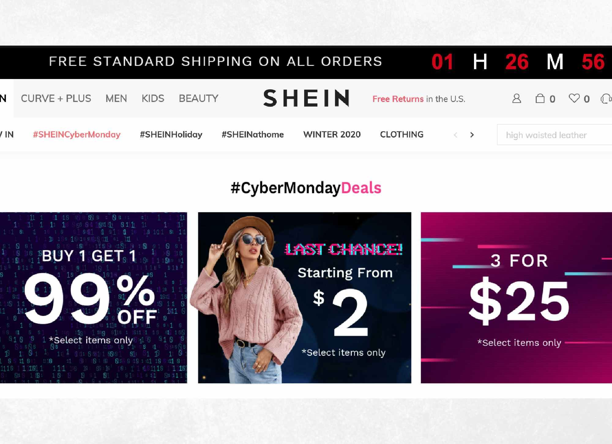 A SHEIN homepage screenshot of their Cyber Monday 2020 deals like buy one get one 99% off.