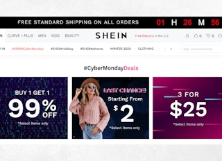 A SHEIN homepage screenshot of their Cyber Monday 2020 deals like buy one get one 99% off.