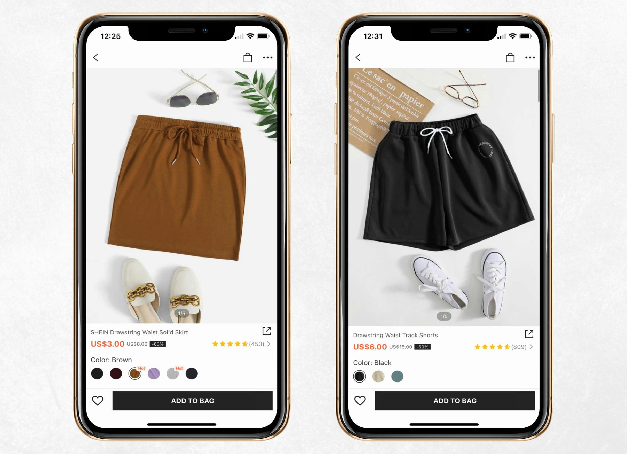 two mobile screenshots of a brown skirt and black gym shorts on shein mobile app