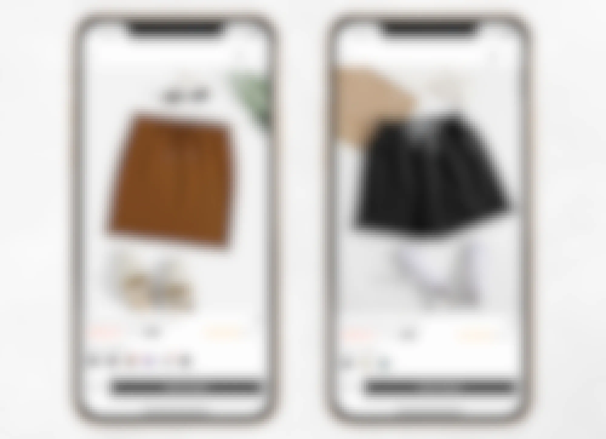 two mobile screenshots of a brown skirt and black gym shorts on shein mobile app