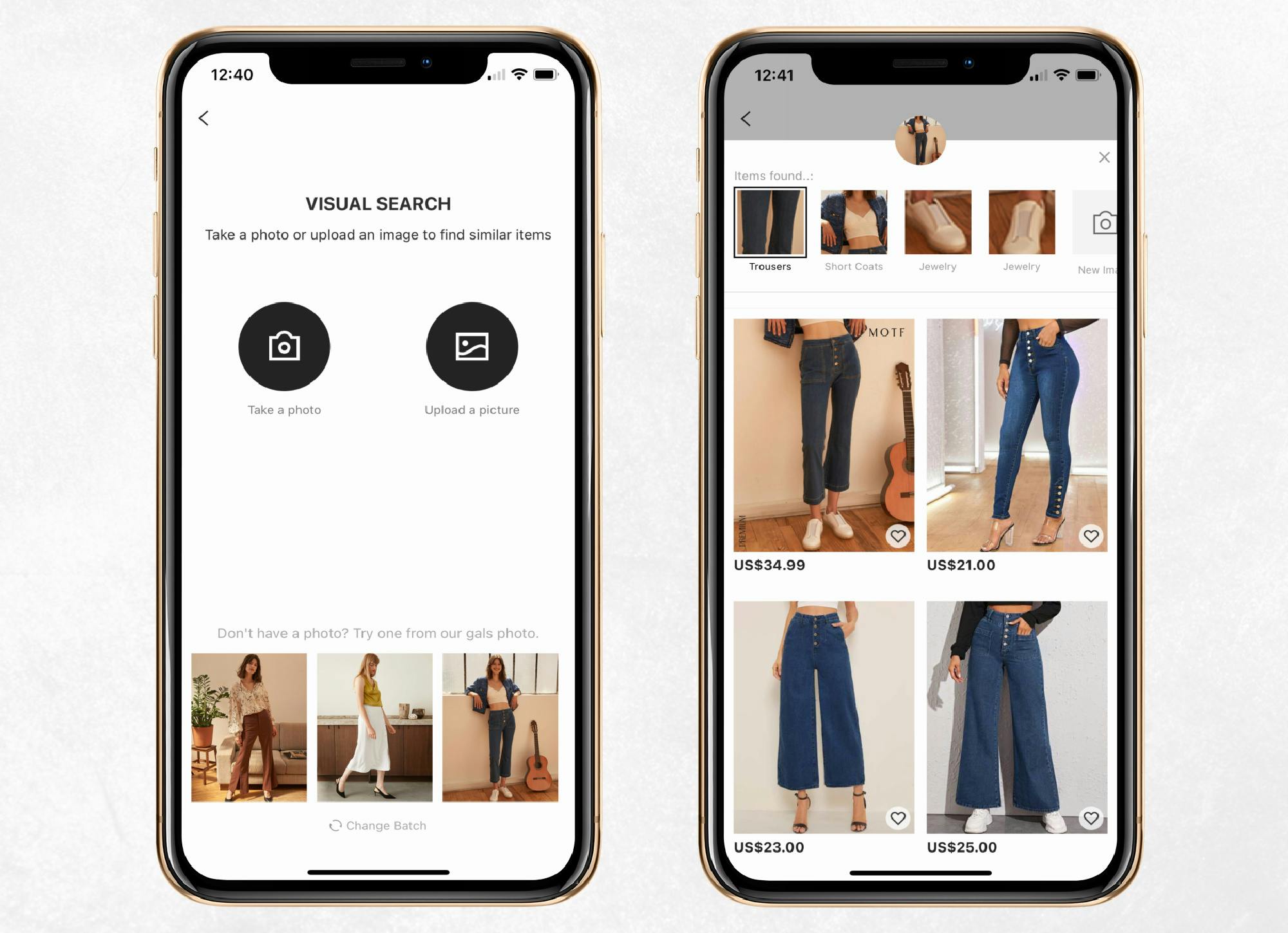 two mobile screenshots of the shein mobile app visual search function for a pair of denim jeans