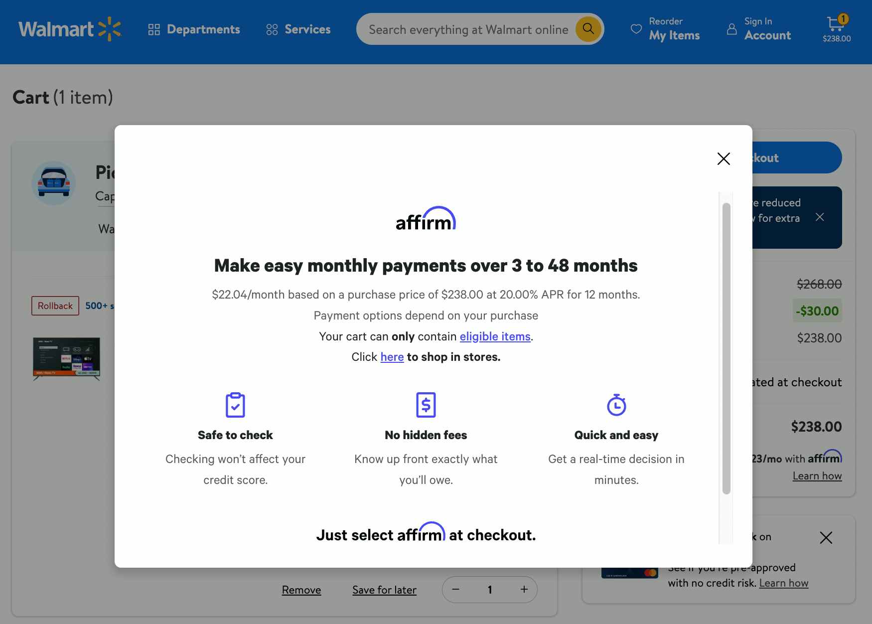 A screenshot of the pop-up on a Walmart online cart for Affirm