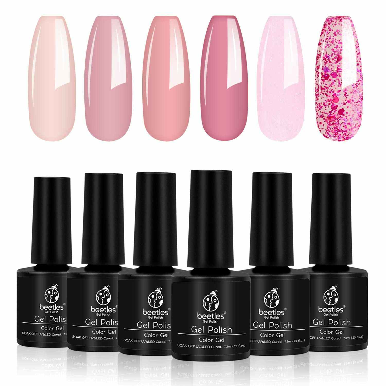 A set of six pink Beetles nail polish bottles.