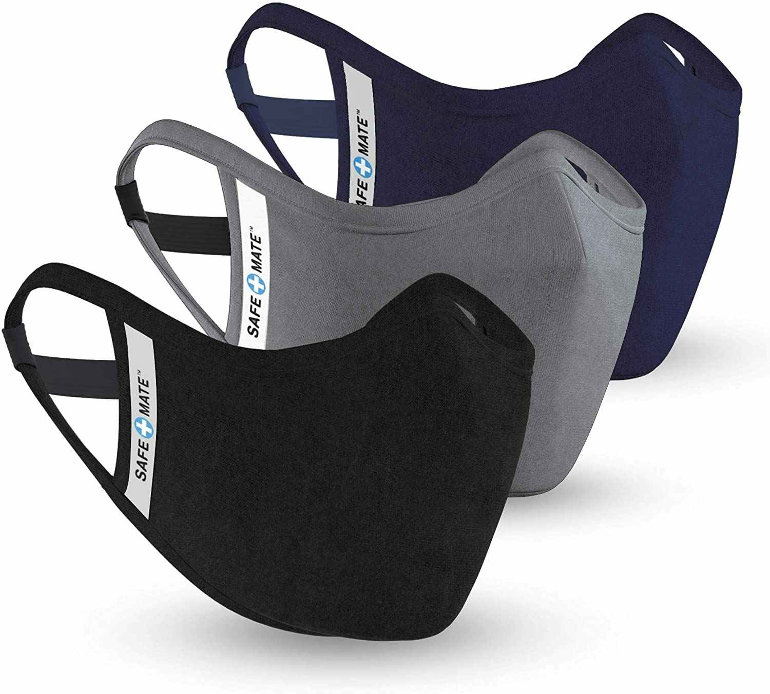 A pack of three Case Mate face masks in black, gray, and navy.