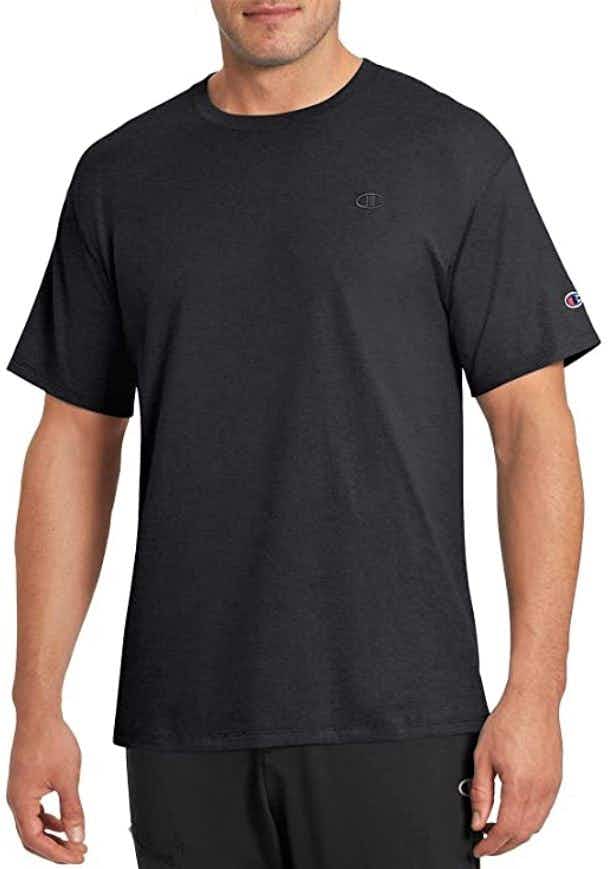 A man wearing a black Champion t-shirt.