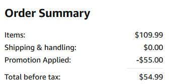 An Amazon order summary ending in $54.99.