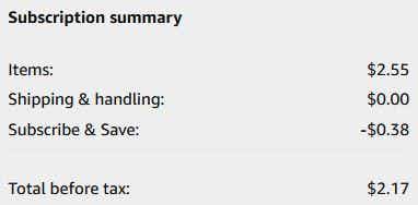 An Amazon subscription summary ending in $2.17.