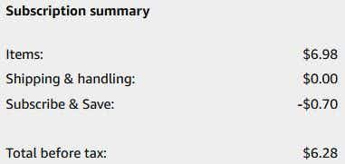 An Amazon subscription summary ending in $6.28.