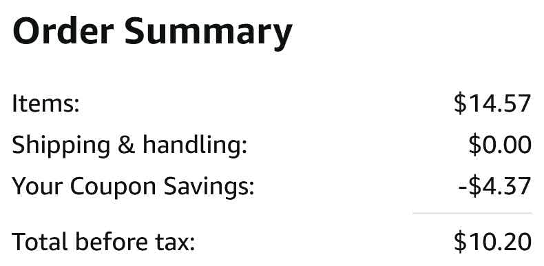 An Amazon order summary ending in $10.20.