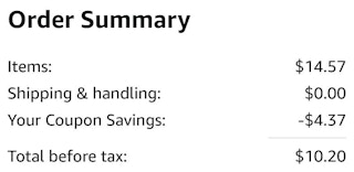 An Amazon order summary ending in $10.20.