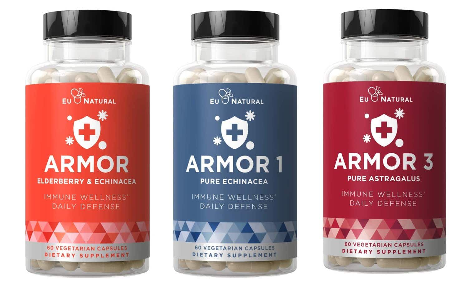 A set of three Eu Natural Armor supplement containers.