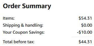 An Amazon order summary ending in $44.31.