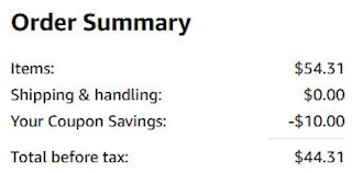 An Amazon order summary ending in $44.31.