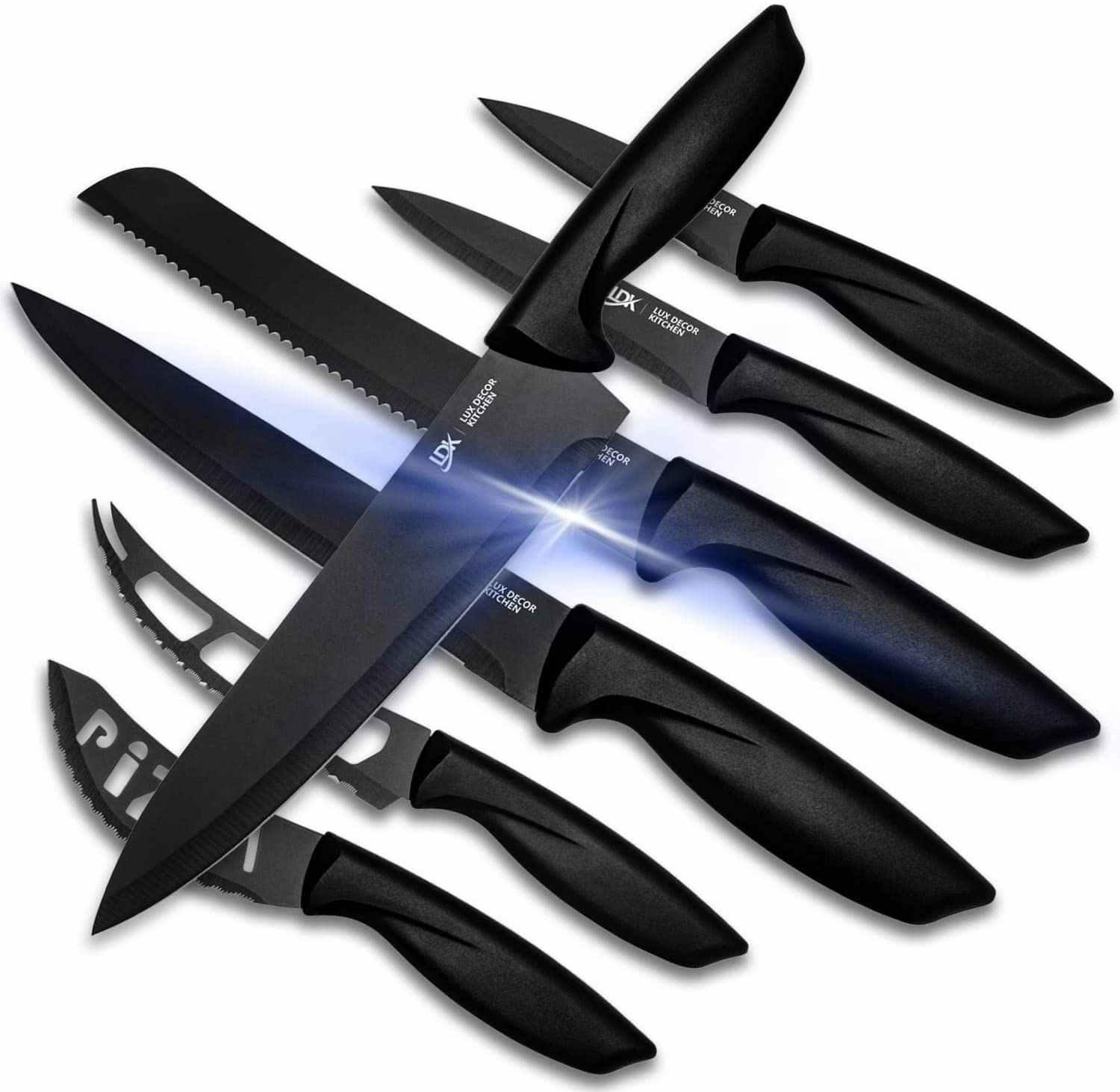 A set of seven black kitchen knives.