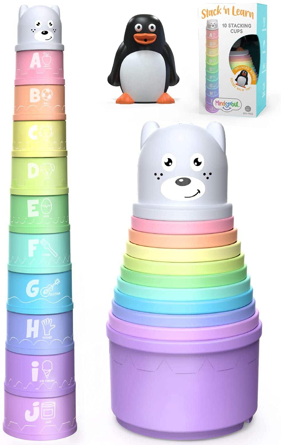 A set of multi-colored stacking cup toys.