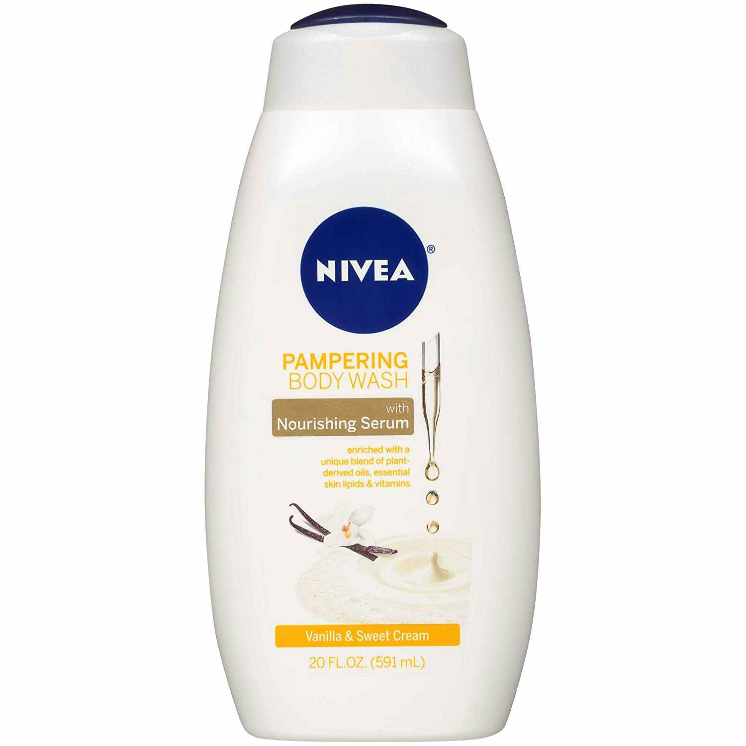 A bottle of Nivea body wash in the vanilla and sweet cream scent.