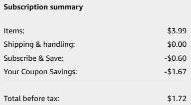 An Amazon subscription summary ending in $1.72.