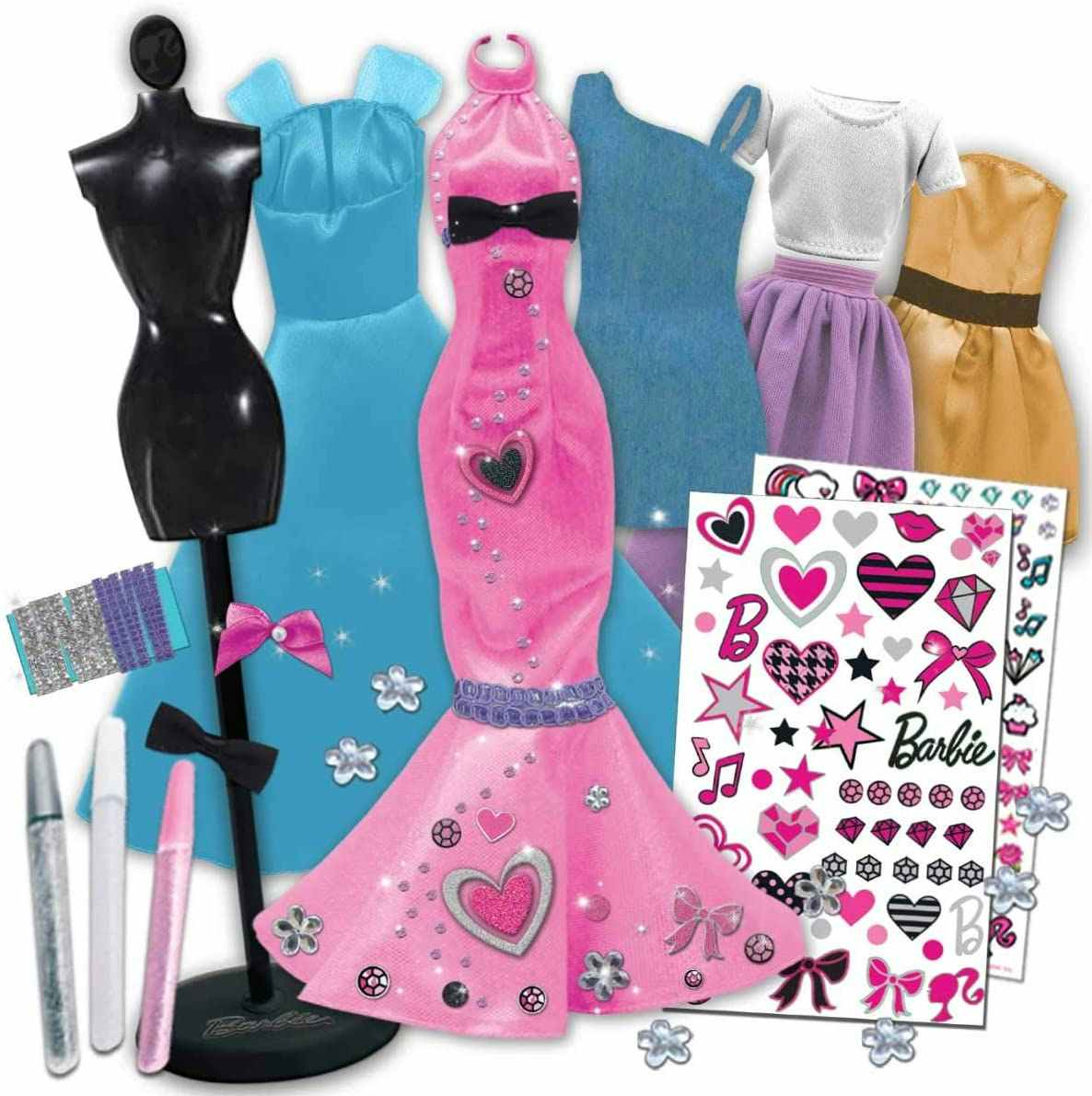 A set of Barbie fashion designer dresses and stickers.