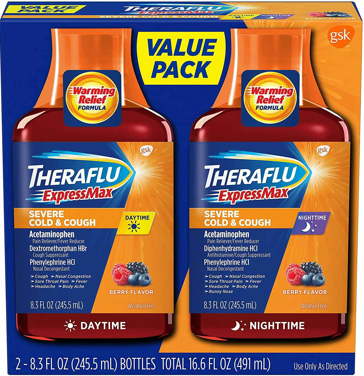 A pack of two Theraflu cough syrups.