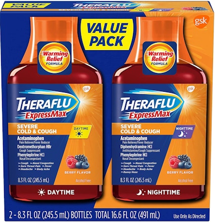 A pack of two Theraflu cough syrups.