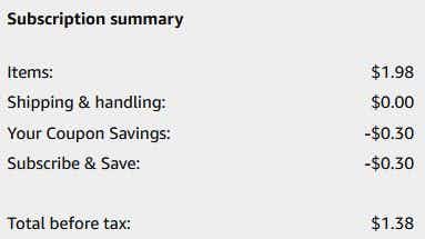 An Amazon subscription summary ending in $1.38.