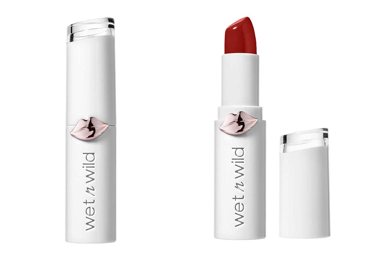 A tube of Wet n Wild lip color in the shade fire fighting.