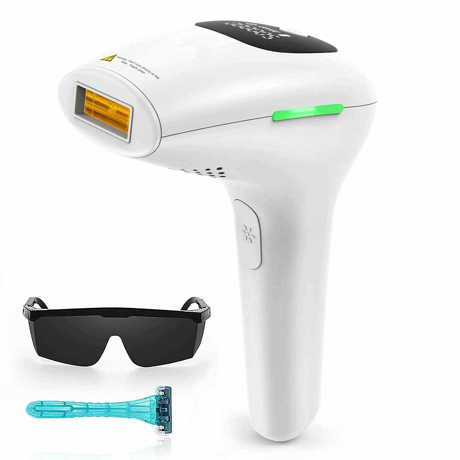An hair removal set, including eye protection glasses, a razor, and device.