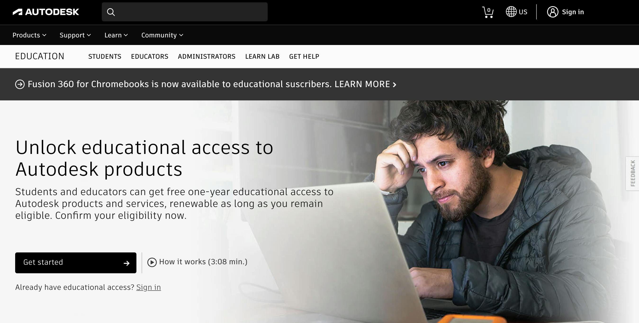 A screenshot from the Autodesk website advertising free one-year educational access for students and teachers.