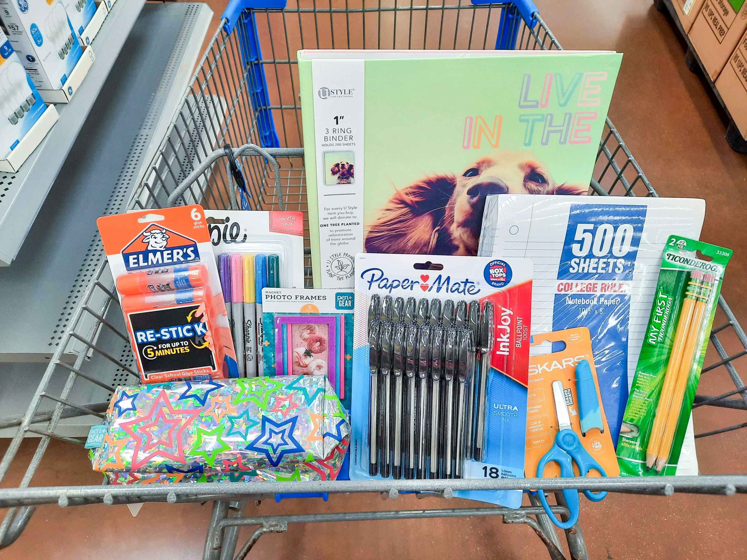 school supplies in Walmart cart