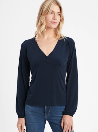 Crepe Button-Front V-Neck Top