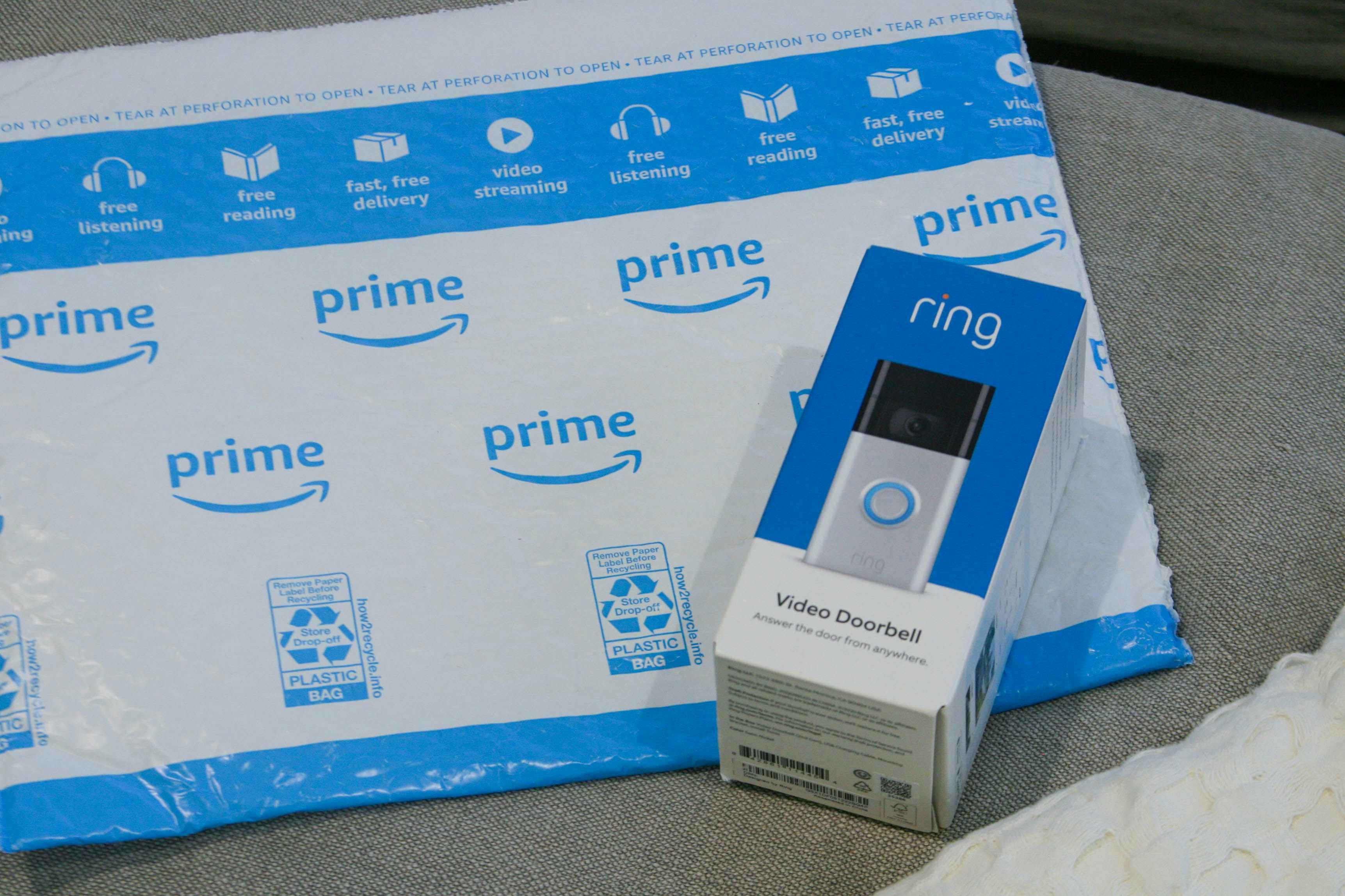 ring video doorbell next to prime packaging