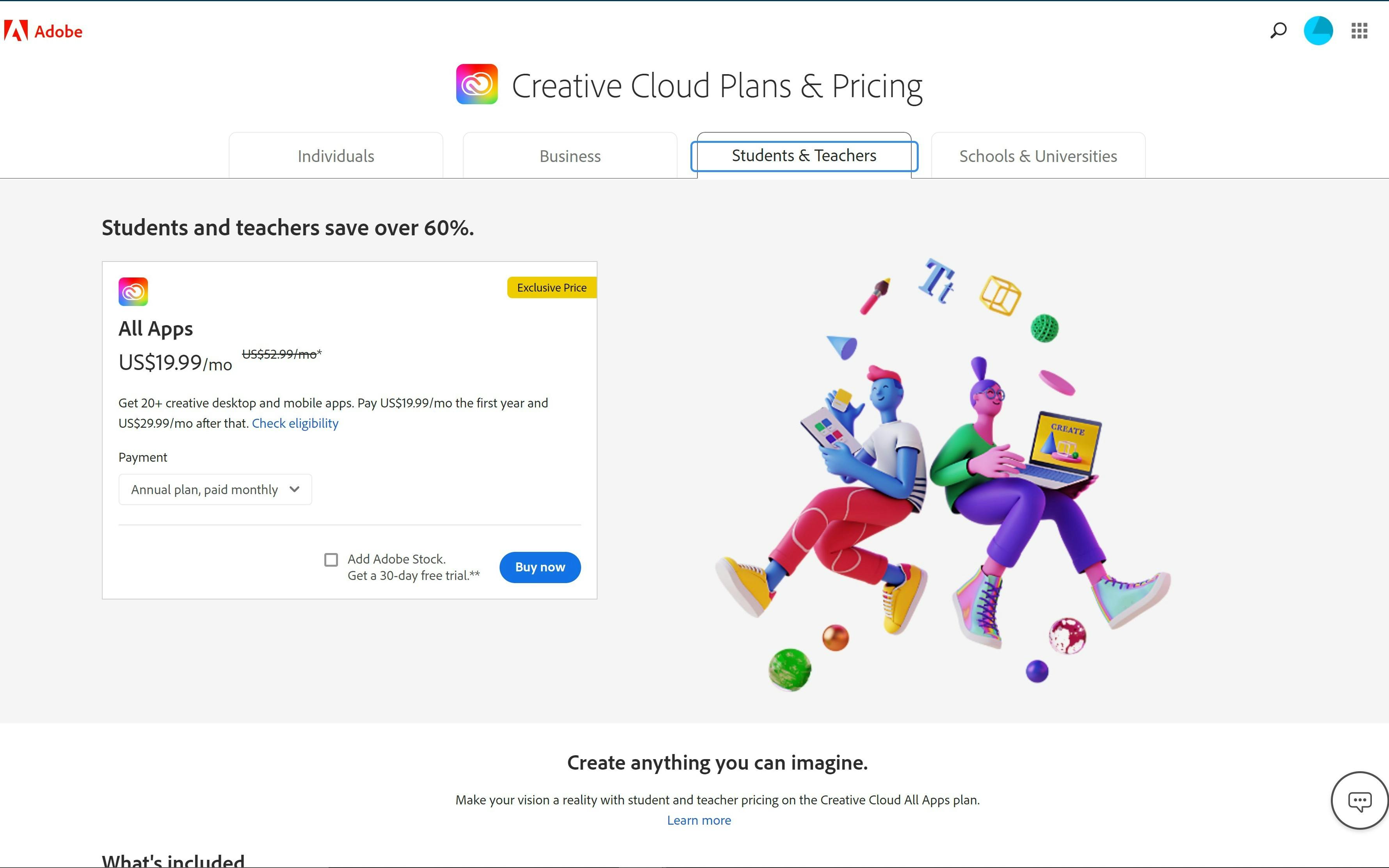 A screenshot of Adobe Creative Cloud plans and pricing for students and teachers.